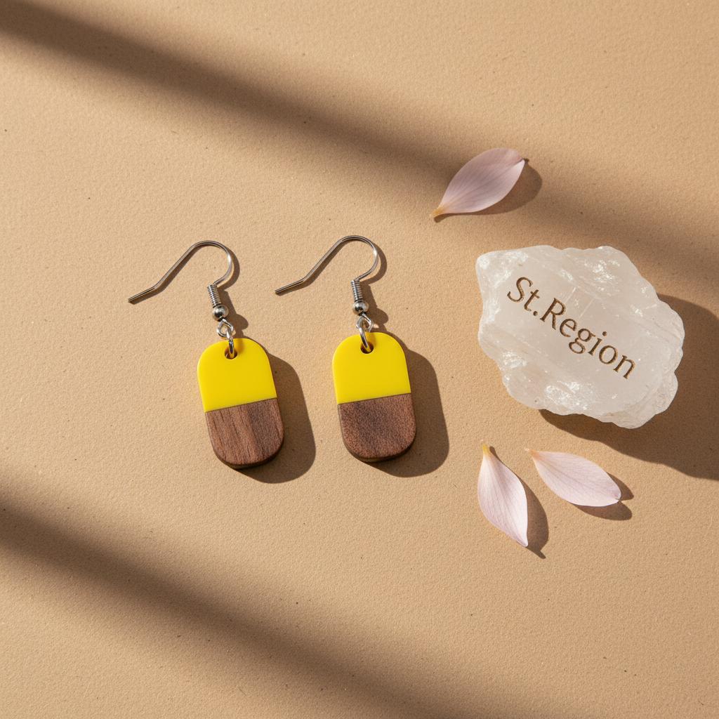 Yellow Resin and Wood Silvertone Patchwork Rectangle Hook Earrings, silver drop earrings for women, detail close-up