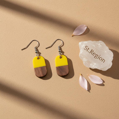 Yellow Resin and Wood Silvertone Patchwork Rectangle Hook Earrings, silver drop earrings for women, detail close-up