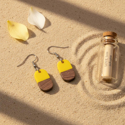 Yellow Resin and Wood Silvertone Patchwork Rectangle Hook Earrings, silver drop earrings for women, lifestyle look
