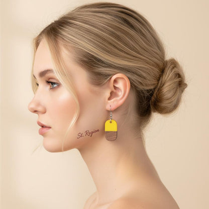 Yellow Resin and Wood Silvertone Patchwork Rectangle Hook Earrings, silver drop earrings for women, styled look