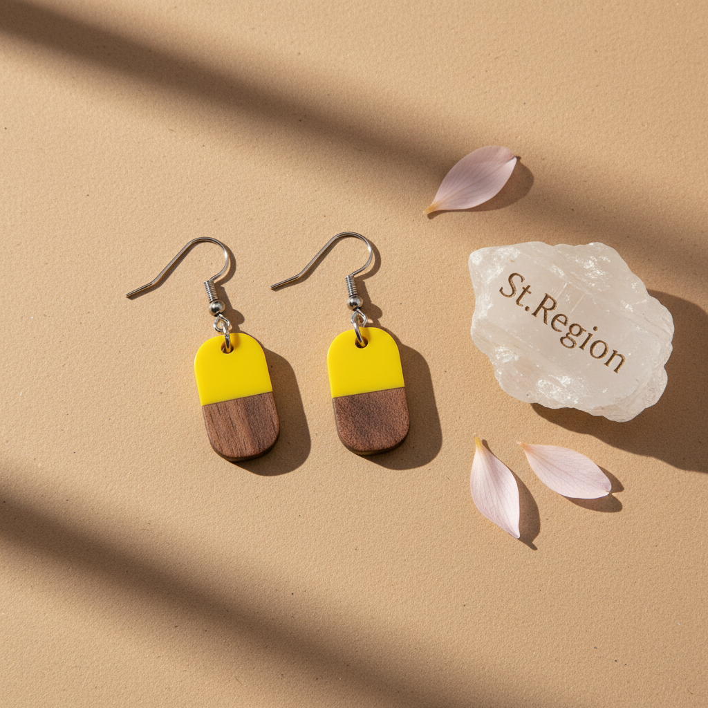 Yellow Resin & Wood Silvertone Patchwork Rectangle Hook Earrings - Street Region