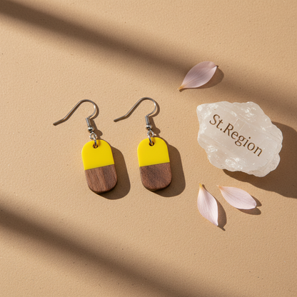 Yellow Resin & Wood Silvertone Patchwork Rectangle Hook Earrings - Street Region