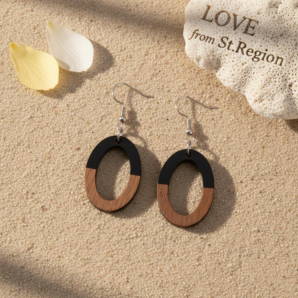 Black Resin and Wood Silvertone Open Oval Hook Earrings, silver drop earrings for women, lifestyle look