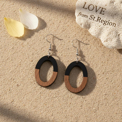 Black Resin and Wood Silvertone Open Oval Hook Earrings, silver drop earrings for women, lifestyle look
