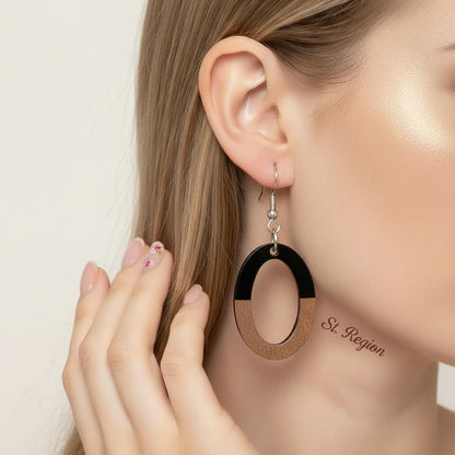 Black Resin and Wood Silvertone Open Oval Hook Earrings, silver drop earrings for women, styled look