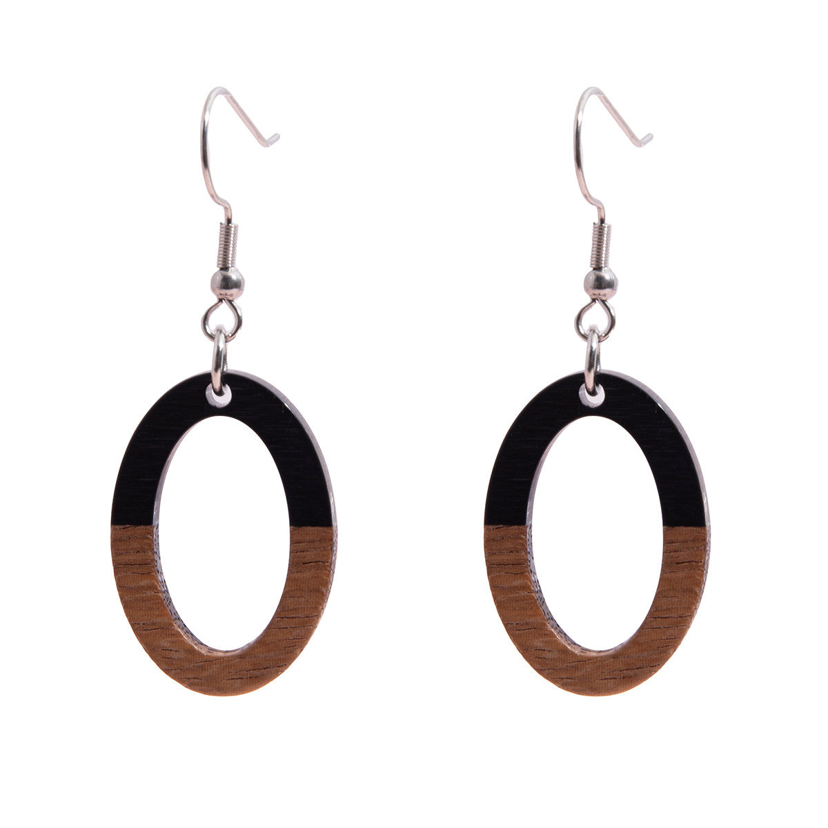 Black Resin & Wood Silvertone Open Oval Hook Earrings - Street Region