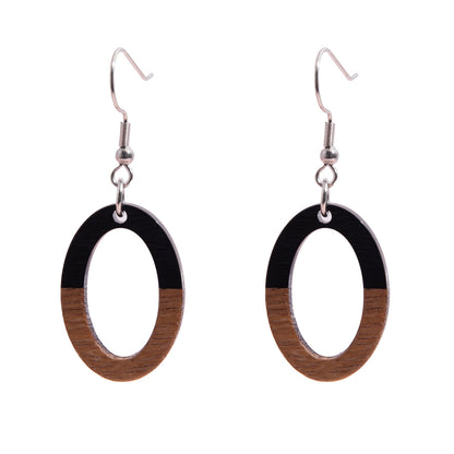 Black Resin & Wood Silvertone Open Oval Hook Earrings - Street Region