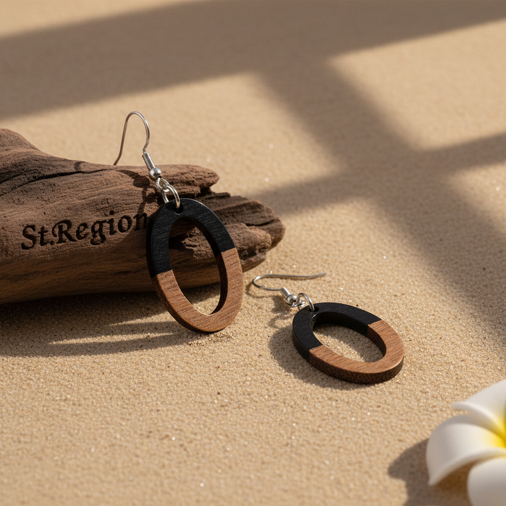 Black Resin & Wood Silvertone Open Oval Hook Earrings - Street Region