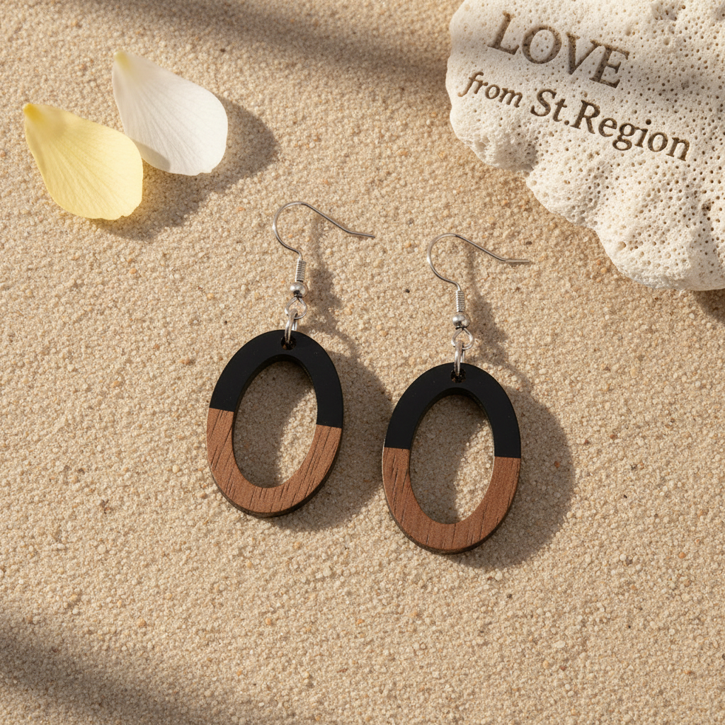 Black Resin & Wood Silvertone Open Oval Hook Earrings - Street Region