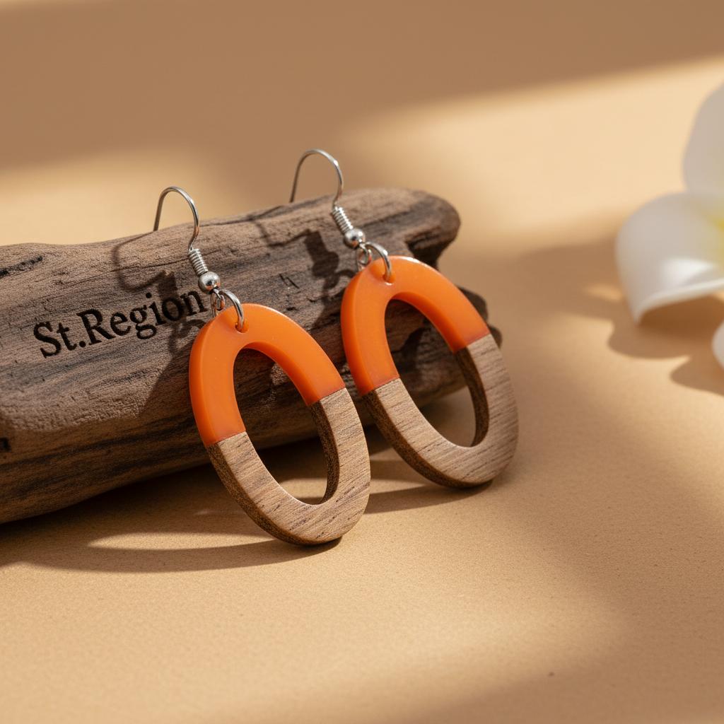 Orange Resin and Wood Silvertone Open Oval Hook Earrings, silver drop earrings for women, everyday style, front view