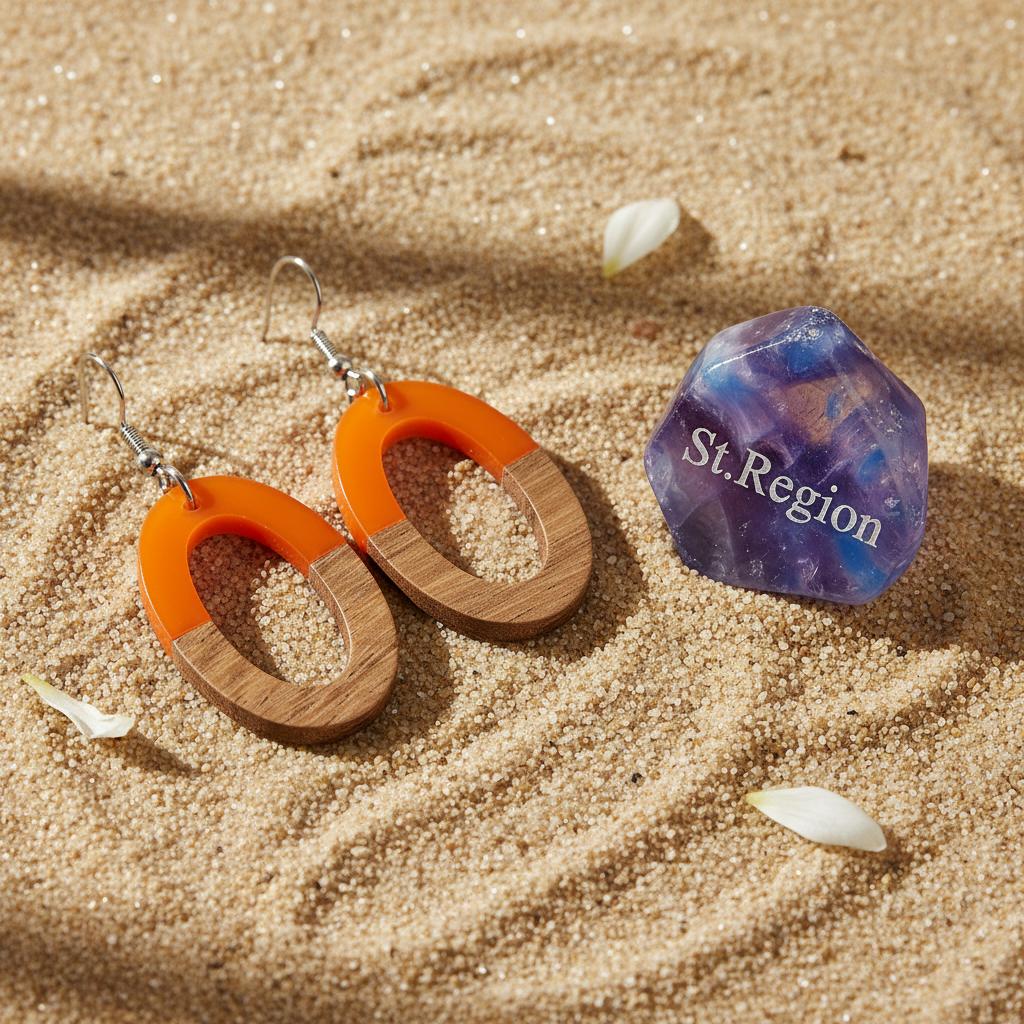 Orange Resin and Wood Silvertone Open Oval Hook Earrings, silver drop earrings for women, everyday style, detail close-up