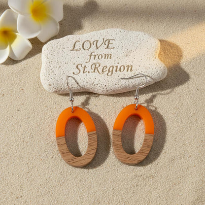 Orange Resin and Wood Silvertone Open Oval Hook Earrings, silver drop earrings for women, everyday style, lifestyle look