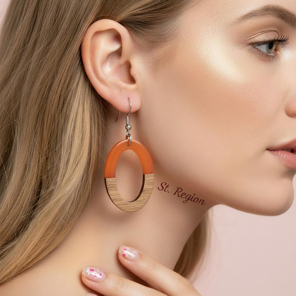 Orange Resin and Wood Silvertone Open Oval Hook Earrings, silver drop earrings for women, everyday style, styled look