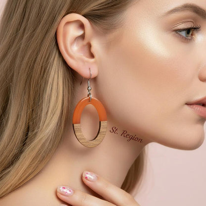 Orange Resin and Wood Silvertone Open Oval Hook Earrings, silver drop earrings for women, everyday style, styled look