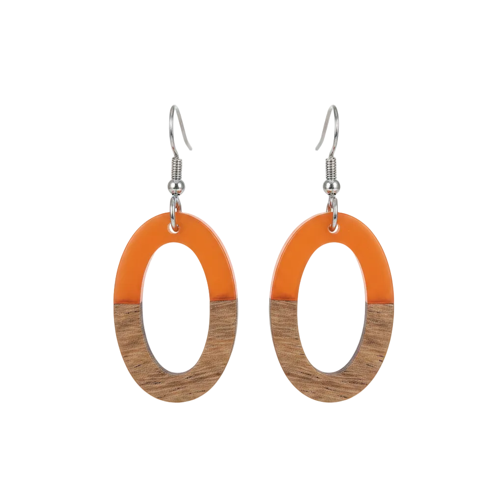 Orange Resin & Wood Silvertone Open Oval Hook Earrings - Street Region