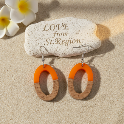 Orange Resin & Wood Silvertone Open Oval Hook Earrings - Street Region