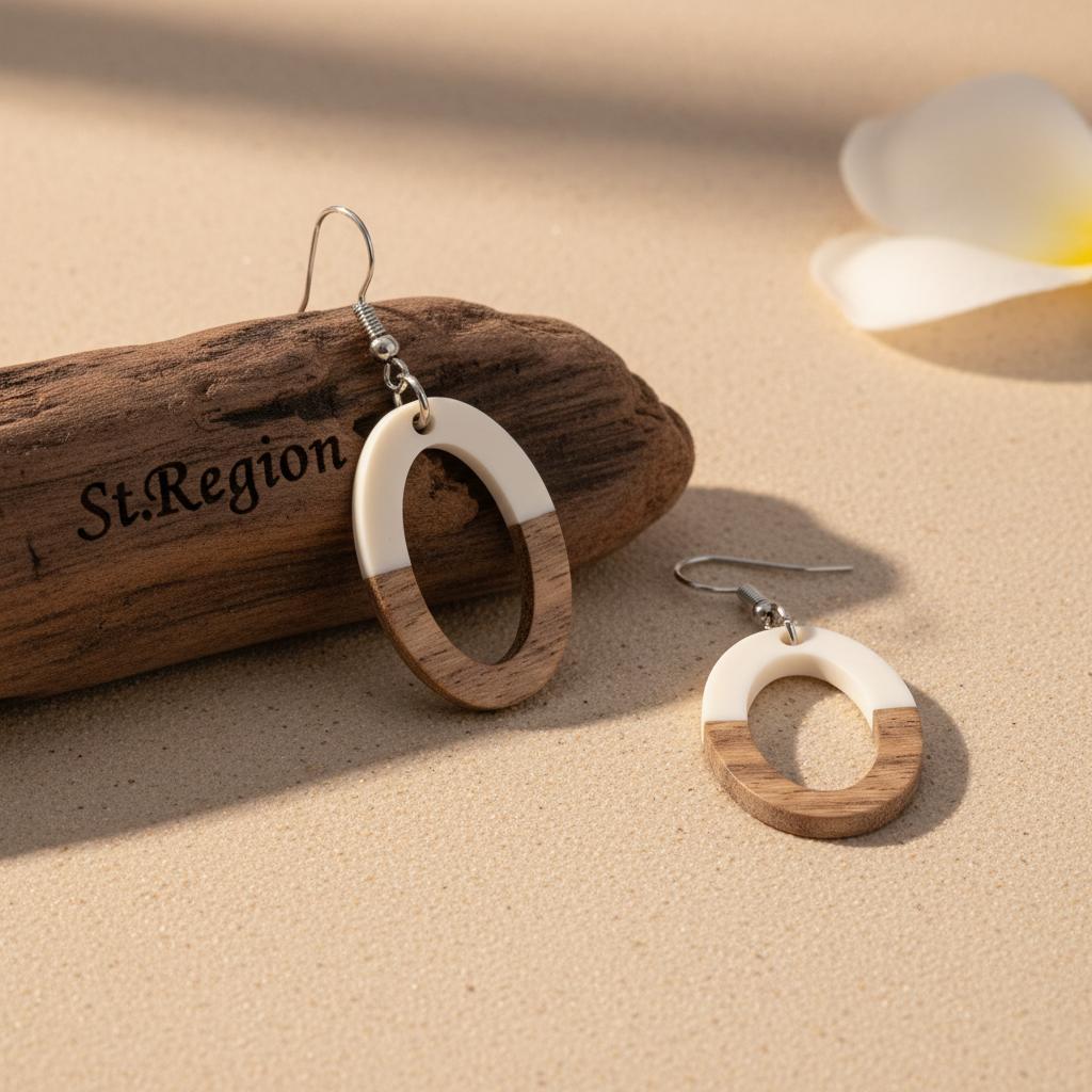 White Resin and Wood Silvertone Open Oval Hook Earrings, silver drop earrings for women, botanical inspired, front view