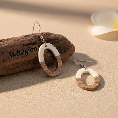 White Resin and Wood Silvertone Open Oval Hook Earrings, silver drop earrings for women, botanical inspired, front view