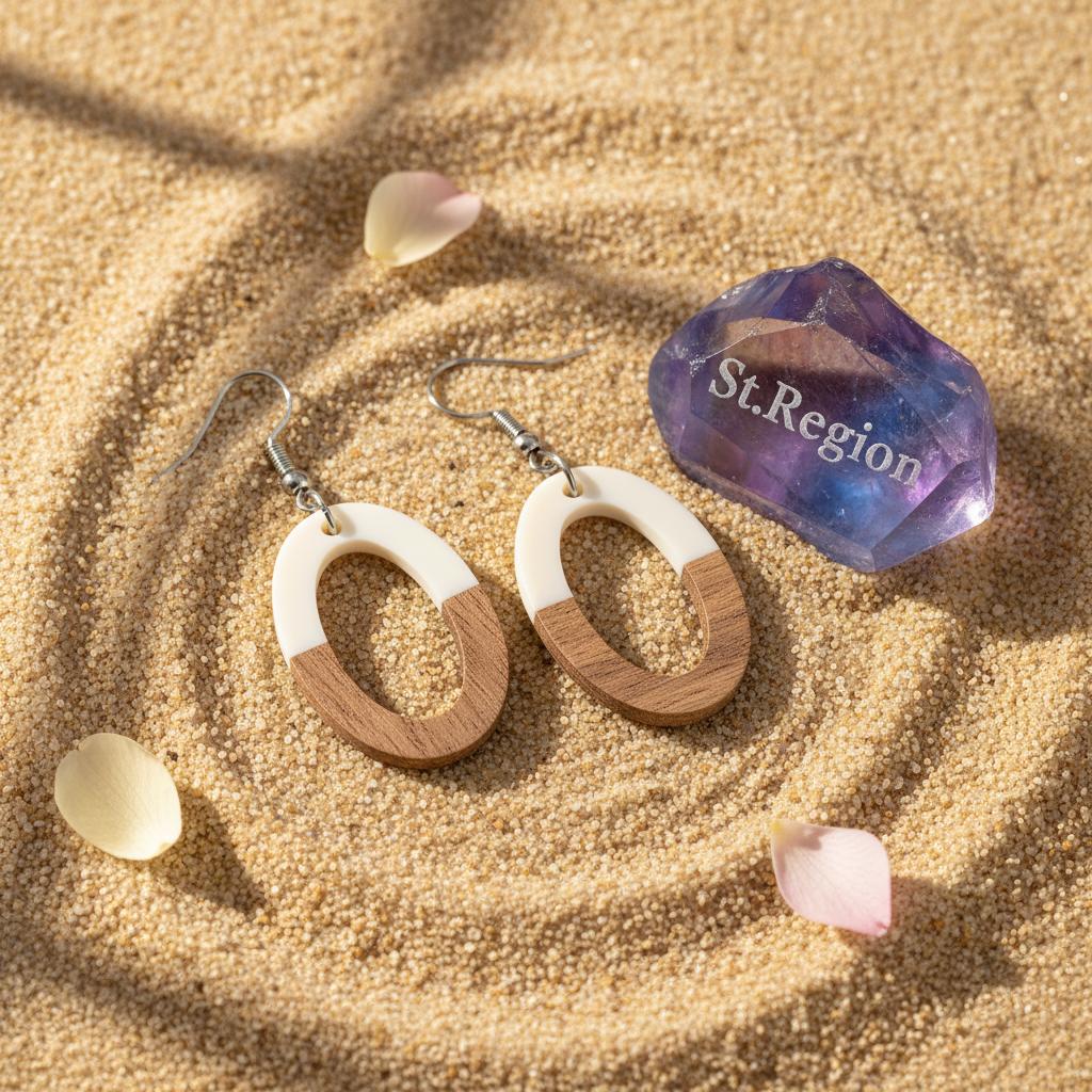 White Resin and Wood Silvertone Open Oval Hook Earrings, silver drop earrings for women, botanical inspired, detail close-up