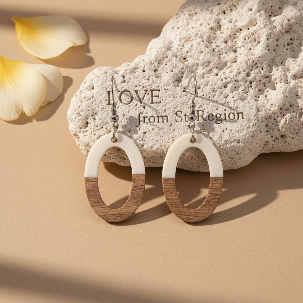 White Resin and Wood Silvertone Open Oval Hook Earrings, silver drop earrings for women, botanical inspired, lifestyle look