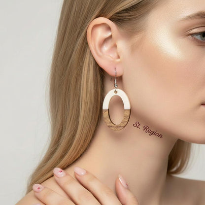 White Resin and Wood Silvertone Open Oval Hook Earrings, silver drop earrings for women, botanical inspired, styled look