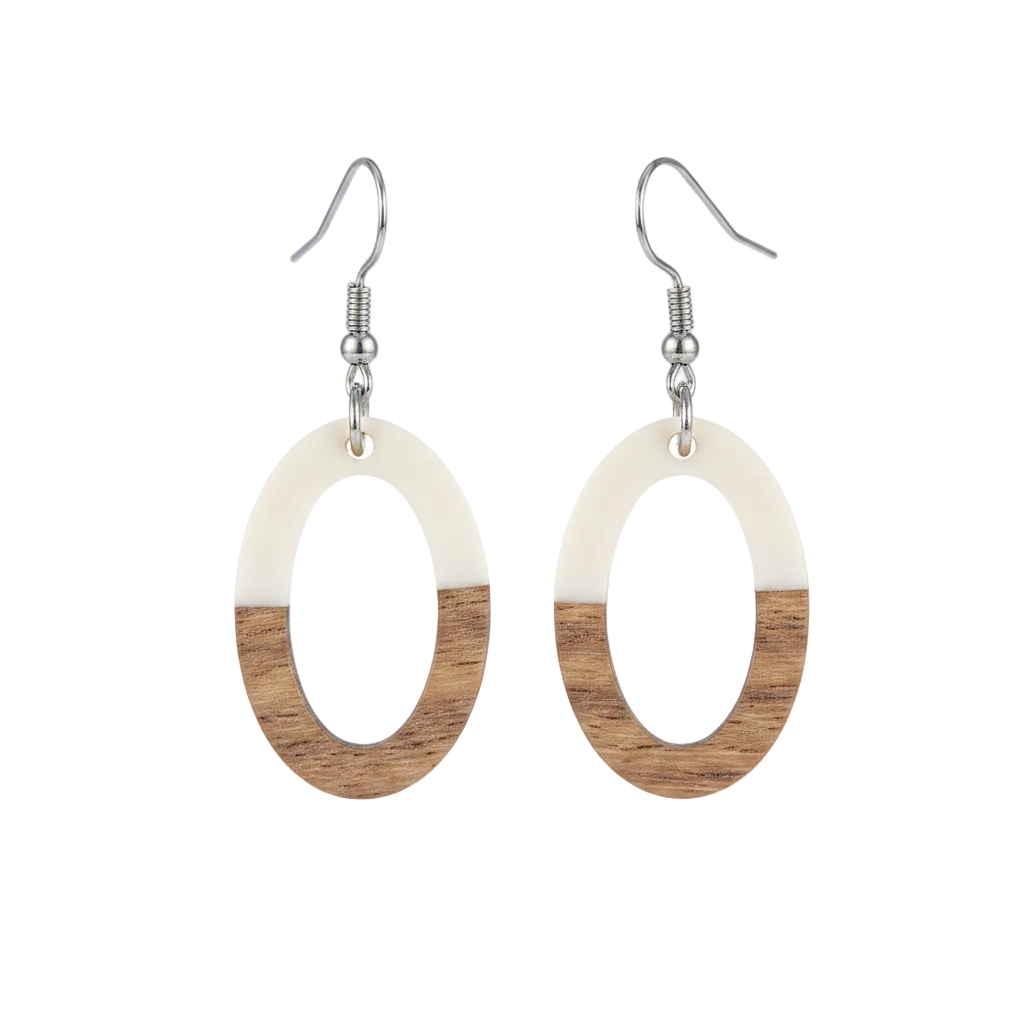 White Resin & Wood Silvertone Open Oval Hook Earrings - Street Region