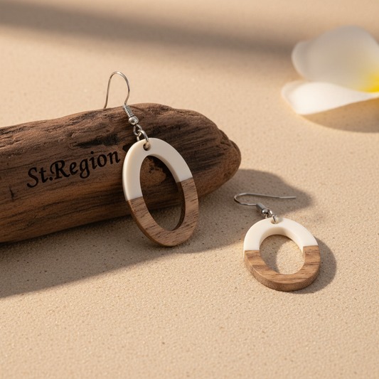 White Resin & Wood Silvertone Open Oval Hook Earrings - Street Region