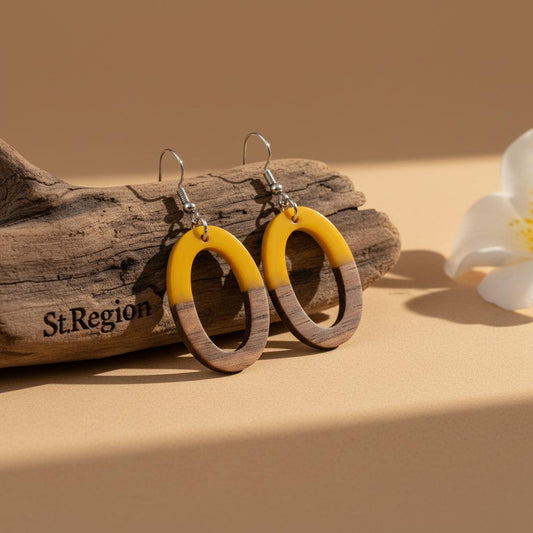 Yellow Resin and Wood Silvertone Open Oval Hook Earrings, gold drop earrings for women, everyday style, front view
