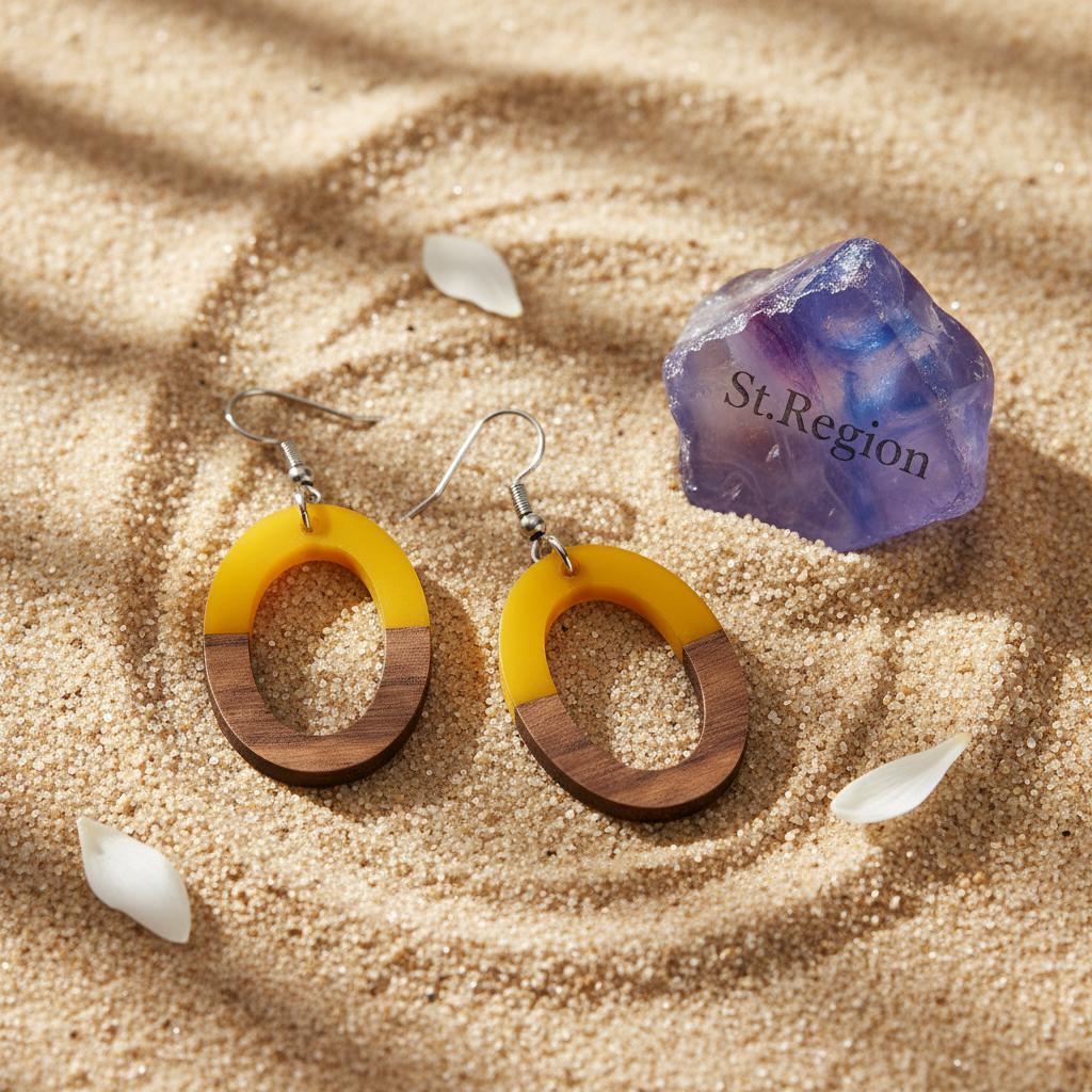 Yellow Resin and Wood Silvertone Open Oval Hook Earrings, silver drop earrings for women, everyday style, detail close-up