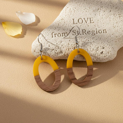 Yellow Resin and Wood Silvertone Open Oval Hook Earrings, silver drop earrings for women, everyday style, lifestyle look