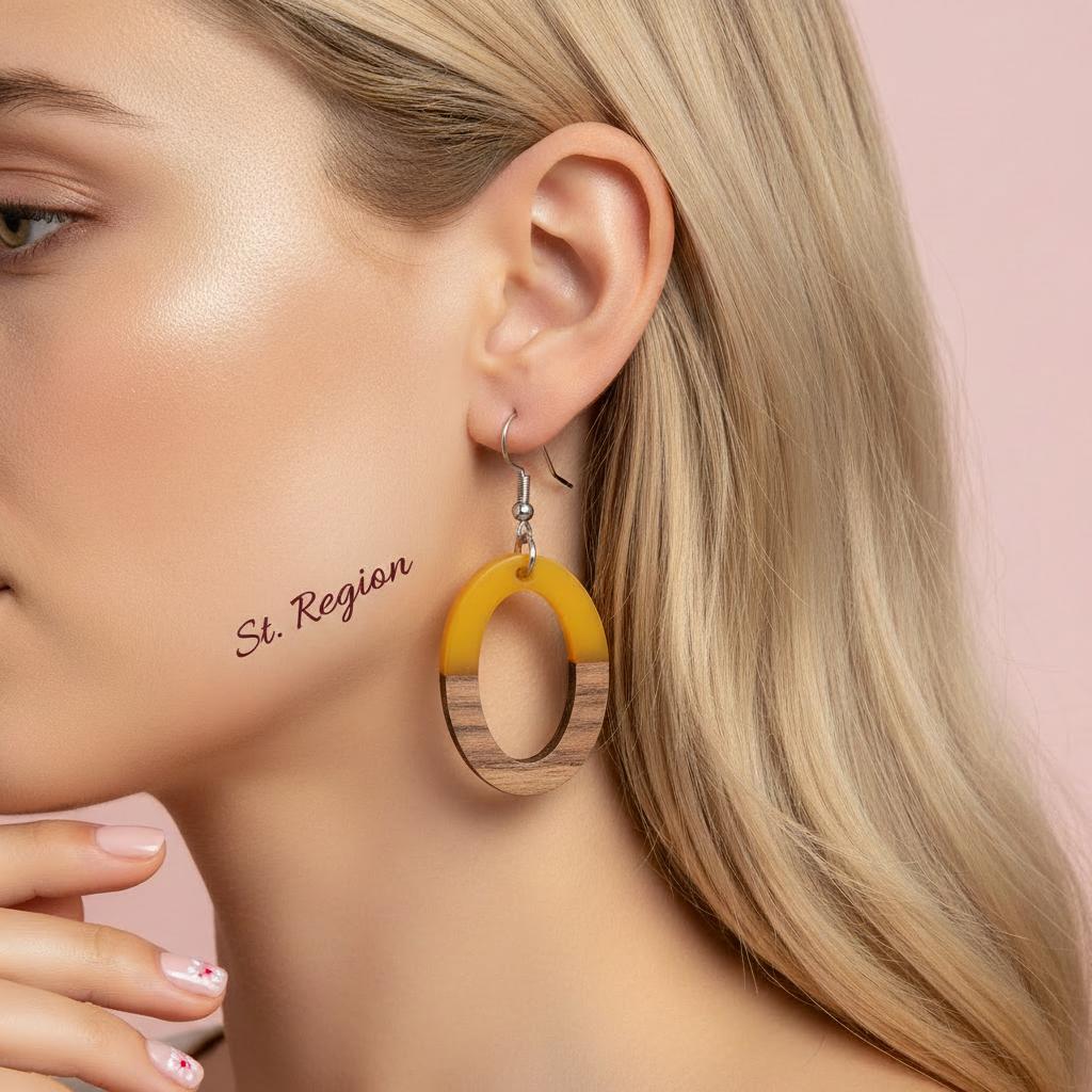 Yellow Resin and Wood Silvertone Open Oval Hook Earrings, silver drop earrings for women, everyday style, styled look