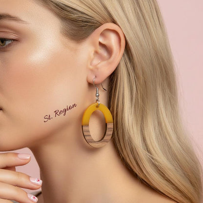 Yellow Resin and Wood Silvertone Open Oval Hook Earrings, silver drop earrings for women, everyday style, styled look