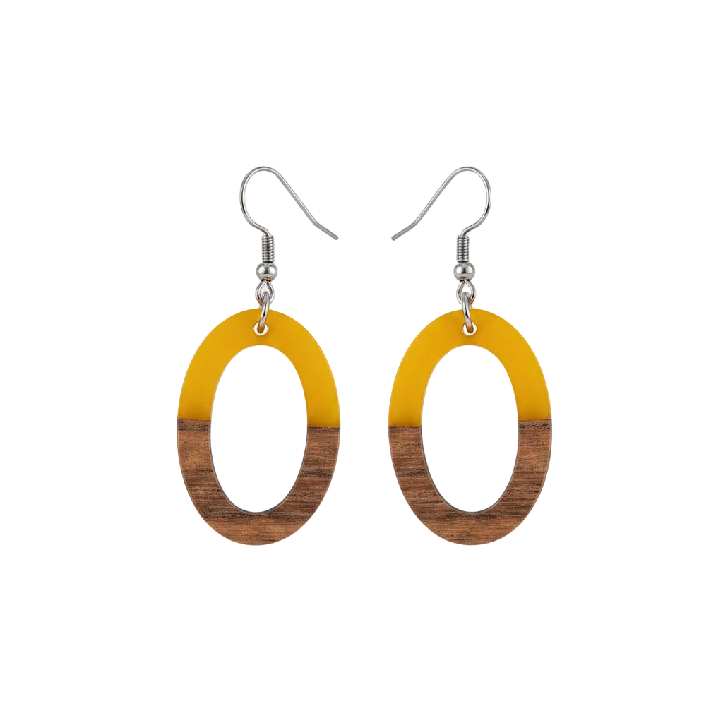 Yellow Resin & Wood Silvertone Open Oval Hook Earrings - Street Region