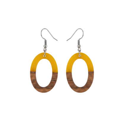 Yellow Resin & Wood Silvertone Open Oval Hook Earrings - Street Region