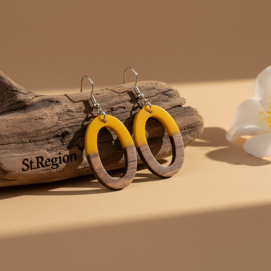 Yellow Resin & Wood Silvertone Open Oval Hook Earrings - Street Region