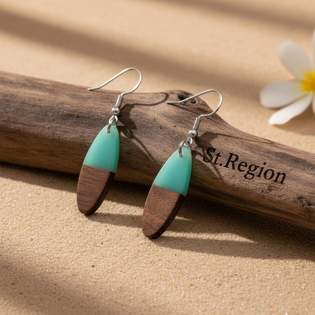 Green Resin and Wood Silvertone Patchwork Oval Hook Earrings, silver drop earrings for women, everyday style, front view