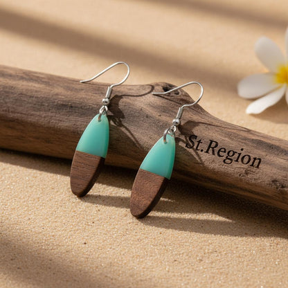 Green Resin and Wood Silvertone Patchwork Oval Hook Earrings, silver drop earrings for women, everyday style, front view