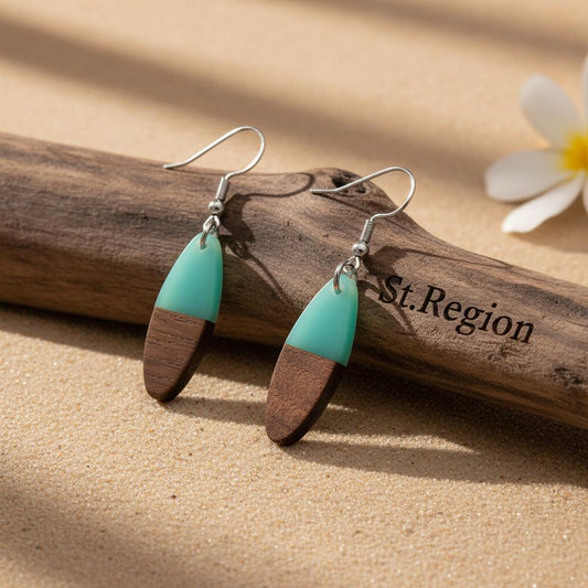 Green Resin and Wood Silvertone Patchwork Oval Hook Earrings, gold drop earrings for women, everyday style, front view