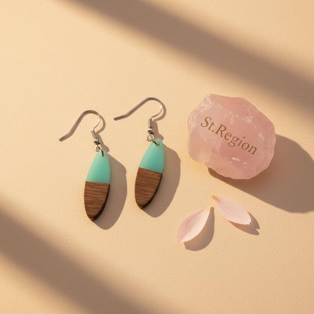 Green Resin and Wood Silvertone Patchwork Oval Hook Earrings, silver drop earrings for women, everyday style, detail close-up