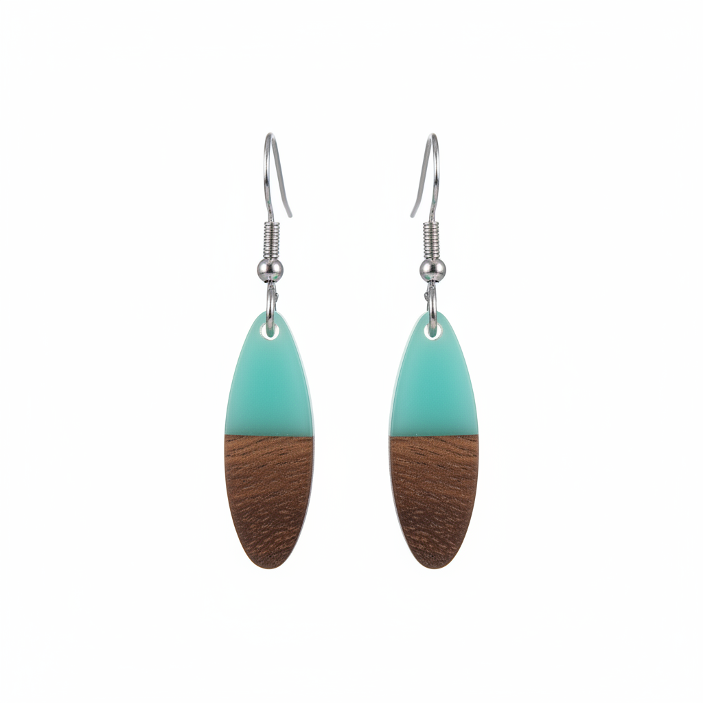 Green Resin & Wood Silvertone Patchwork Oval Hook Earrings - Street Region