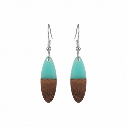 Green Resin & Wood Silvertone Patchwork Oval Hook Earrings - Street Region