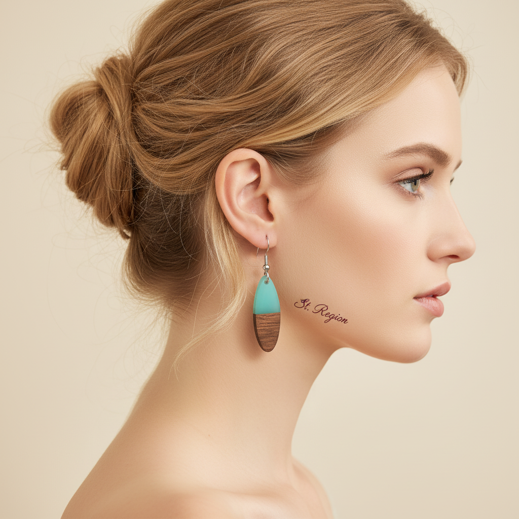 Green Resin & Wood Silvertone Patchwork Oval Hook Earrings - Street Region