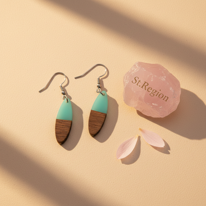 Green Resin & Wood Silvertone Patchwork Oval Hook Earrings - Street Region