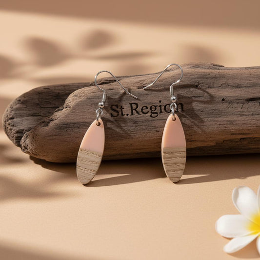 Pink Resin and Wood Silvertone Patchwork Oval Hook Earrings, gold drop earrings for women, front view