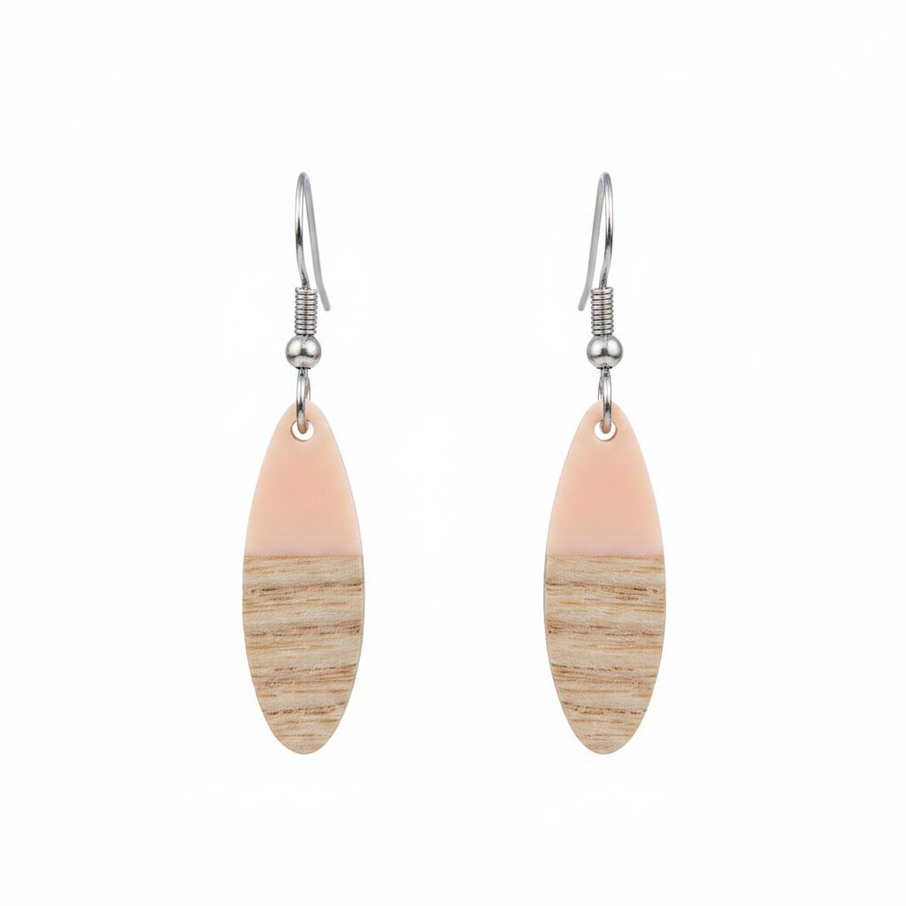 Pink Resin and Wood Silvertone Patchwork Oval Hook Earrings, silver drop earrings for women, side view