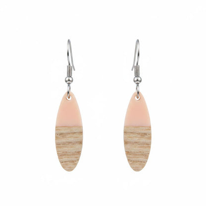 Pink Resin and Wood Silvertone Patchwork Oval Hook Earrings, silver drop earrings for women, side view