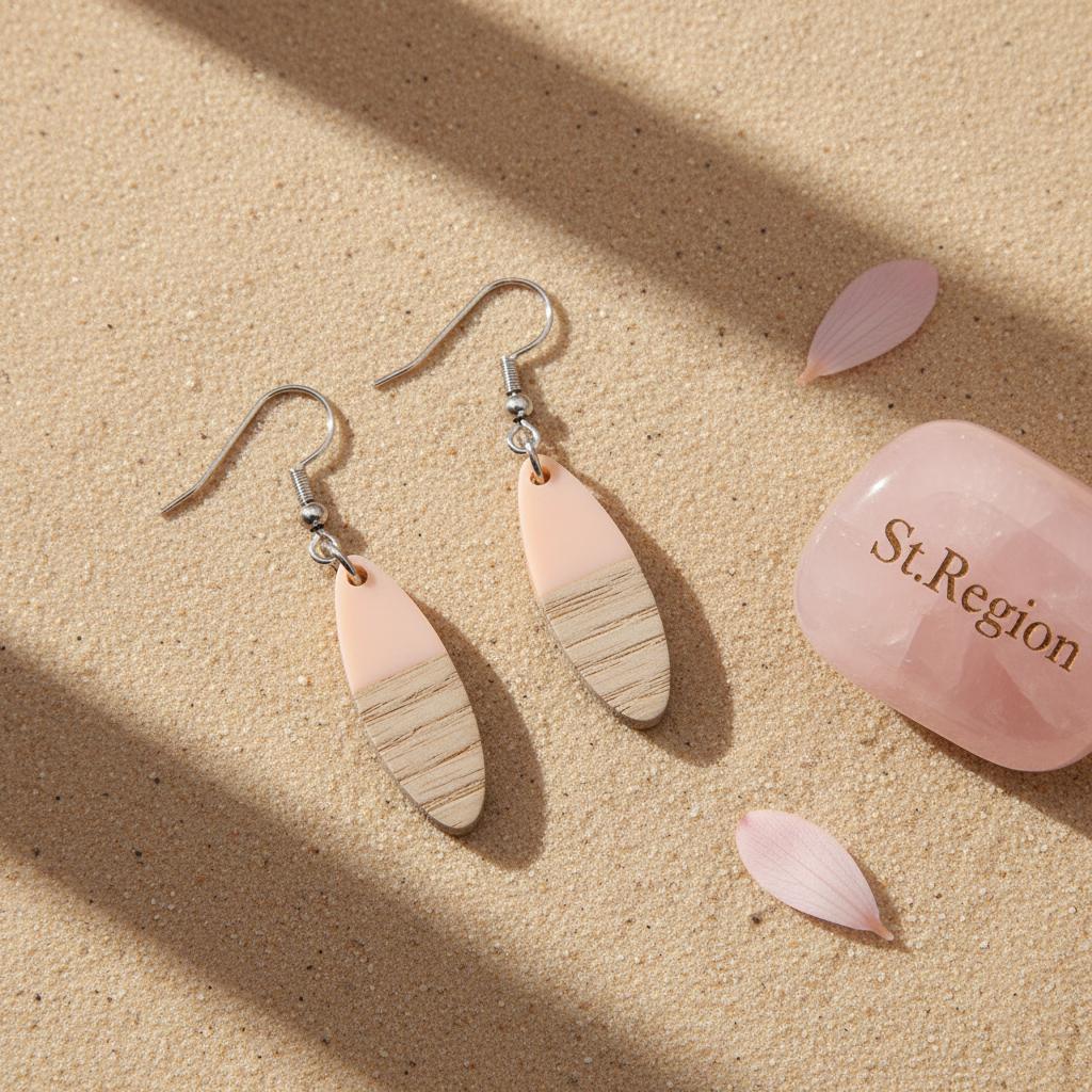 Pink Resin and Wood Silvertone Patchwork Oval Hook Earrings, silver drop earrings for women, detail close-up
