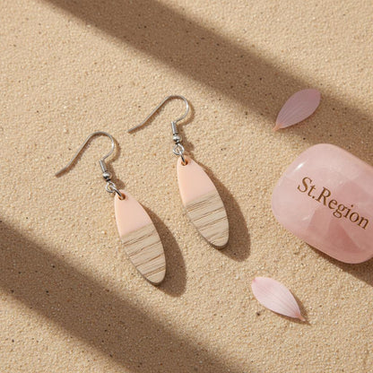 Pink Resin and Wood Silvertone Patchwork Oval Hook Earrings, silver drop earrings for women, detail close-up