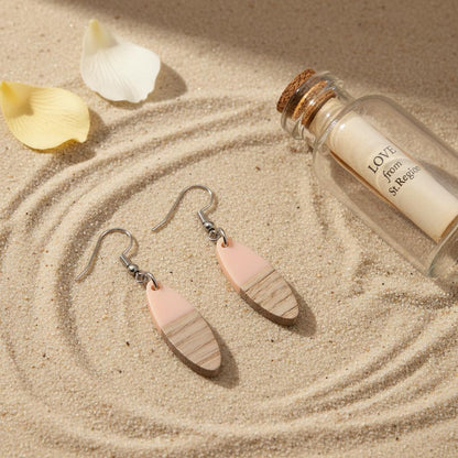 Pink Resin and Wood Silvertone Patchwork Oval Hook Earrings, silver drop earrings for women, lifestyle look