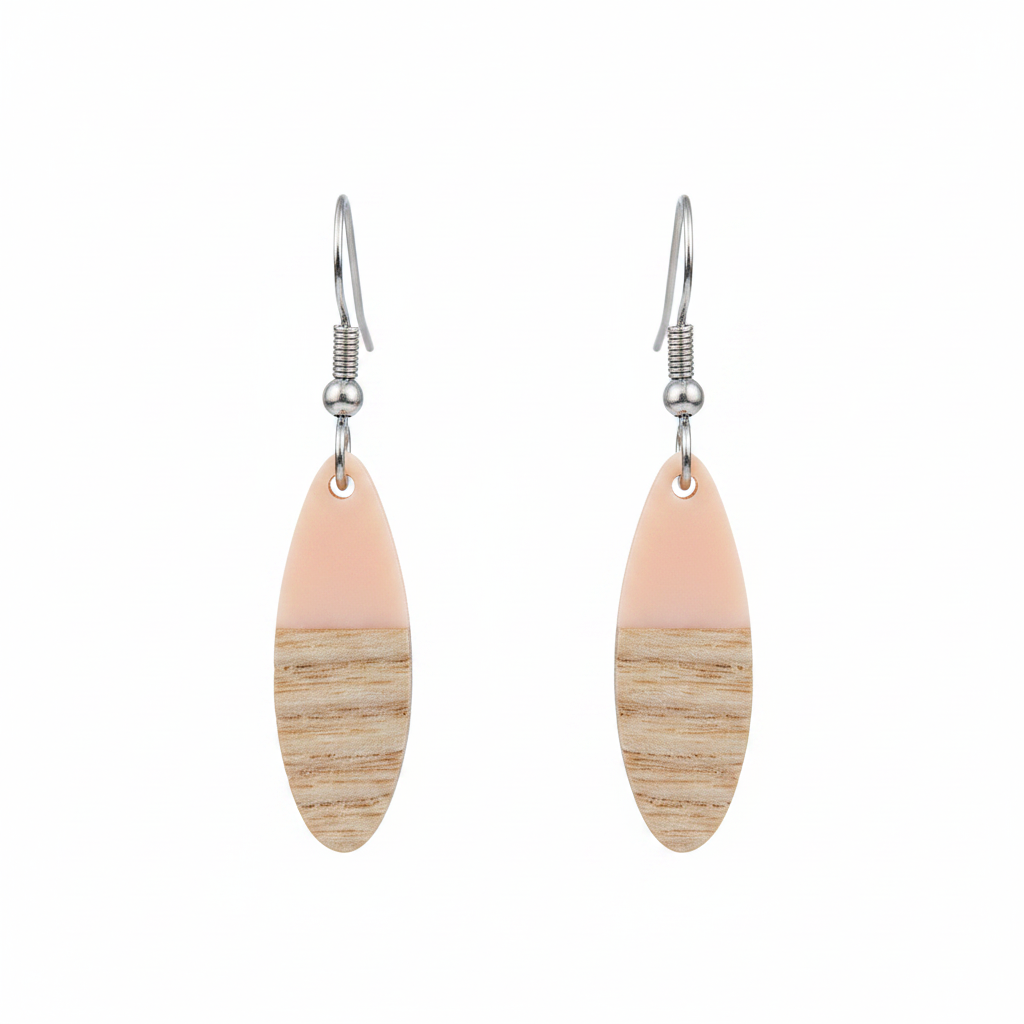 Pink Resin & Wood Silvertone Patchwork Oval Hook Earrings - Street Region